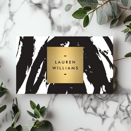 Customizable Abstract Black Brushstrokes with Gold Name Logo Business Card Template