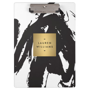 Abstract Black Brushstrokes with Gold Name Logo Clipboard