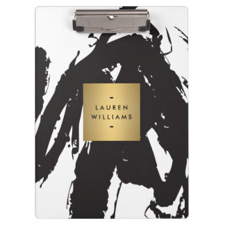 Abstract Black Brushstrokes with Gold Name Logo Clipboard