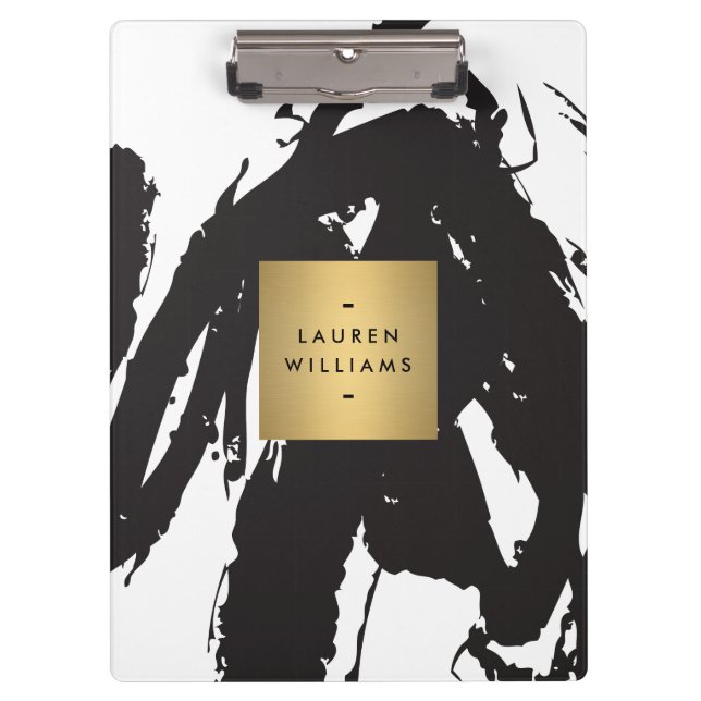 Abstract Black Brushstrokes with Gold Name Logo Clipboard (Front)