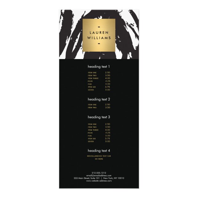 Abstract Black Brushstrokes with Gold Name Logo Rack Card (Front)