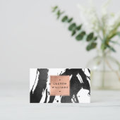 Abstract Black Brushstrokes with Rose Gold Frame Business Card (Standing Front)