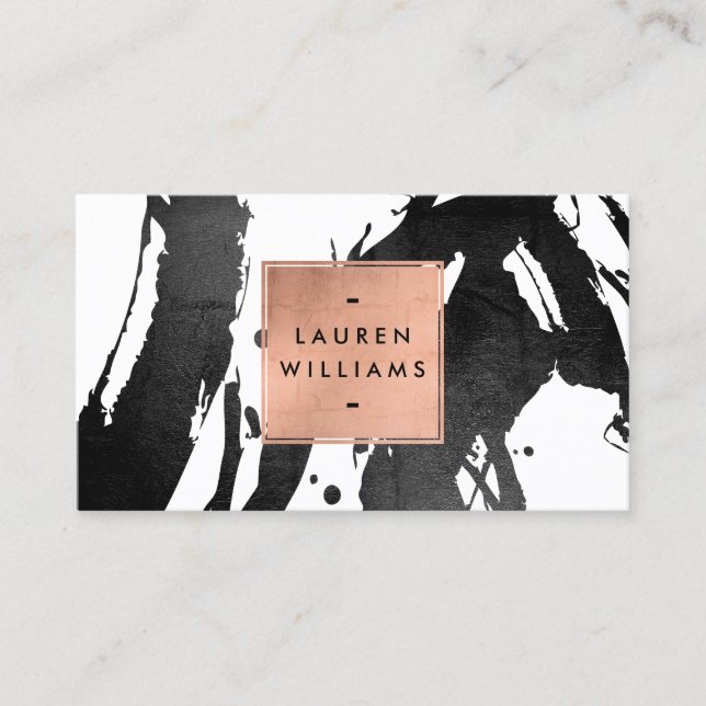 Abstract Black Brushstrokes with Rose Gold Frame Business Card (Front)