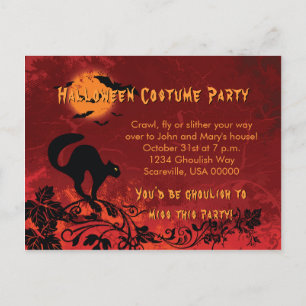 Abstract Black Cat and Bats Halloween Party Invitation Postcard