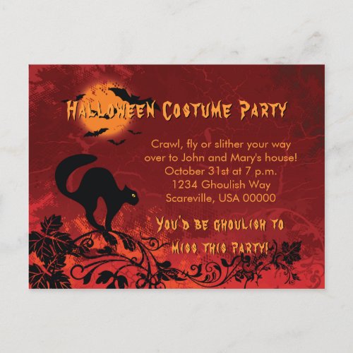 Abstract Black Cat and Bats Halloween Party Invitation Postcard