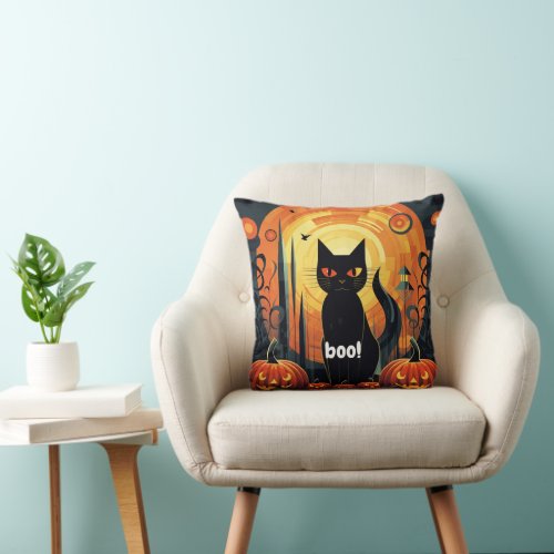 Abstract Black Cat and Pumpkin Design Halloween Throw Pillow