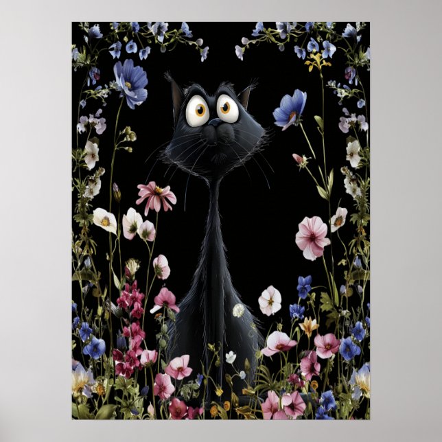 Abstract Black Cat Colorful Wild Flowers Poster (Front)
