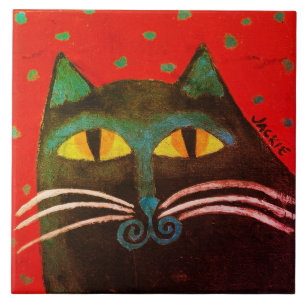 Abstract Black Cat Painting Ceramic Tile