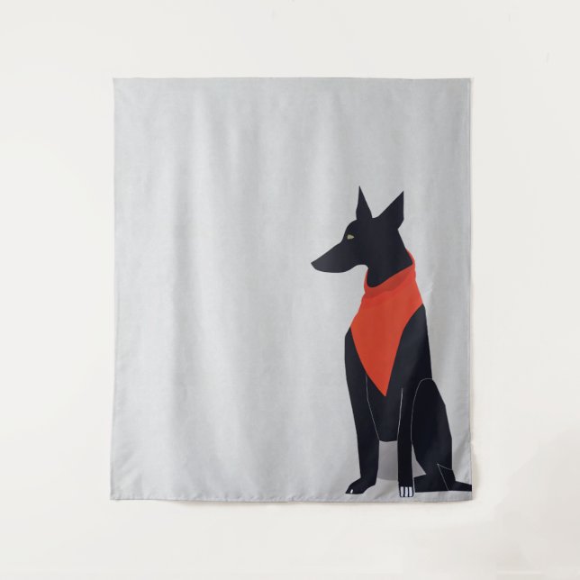 Abstract Black Dog with Red Bandana Art Tapestry (Front)