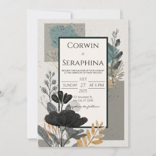 Abstract Black Floral Gold Geometric Wedding Invitation