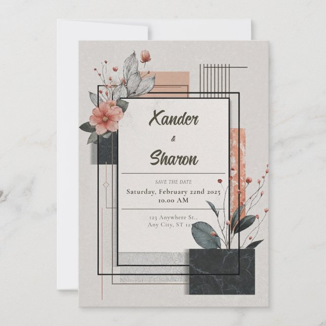 Abstract Black Frame Terracotta Floral Wedding Invitation (Front)