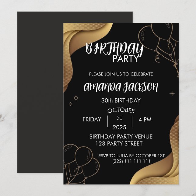 Abstract Black Gold 30th Birthday Invitation (Front/Back)