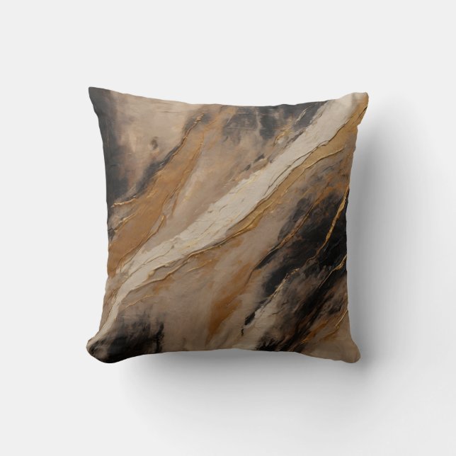 Abstract Black Gold Beige Throw Pillow (Front)