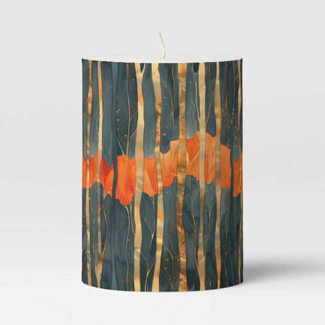 Abstract black gold orange stripes pillar candle (Front)