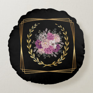 Abstract Black Gold Purple Floral Boho Minimalist  Round Pillow