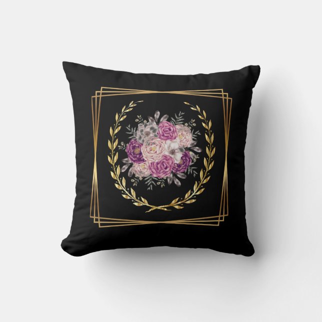 Abstract Black Gold Purple Floral Boho Trending  Throw Pillow (Front)