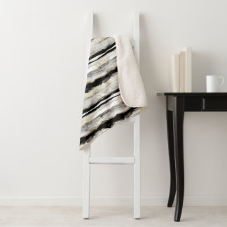Abstract Black & Gold Watercolor Stripes Sherpa Blanket