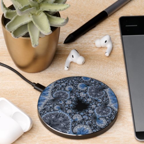 Abstract Black Gray Blue Intricate Fractal Wireless Charger