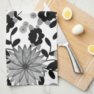 Abstract Black & Gray Digital Florals on White Kit Kitchen Towel