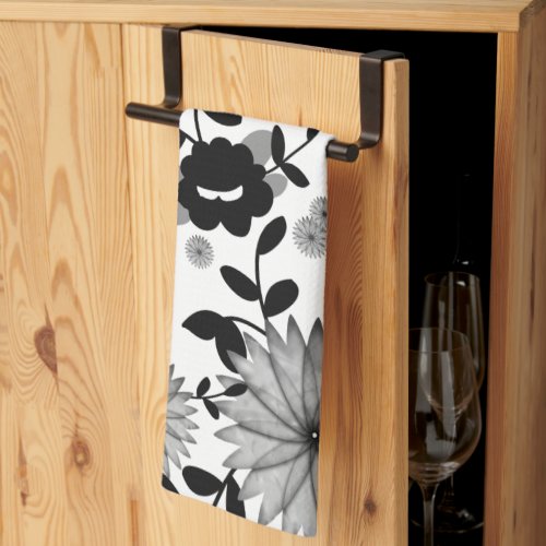Abstract Black  Gray Digital Florals on White Kit Kitchen Towel
