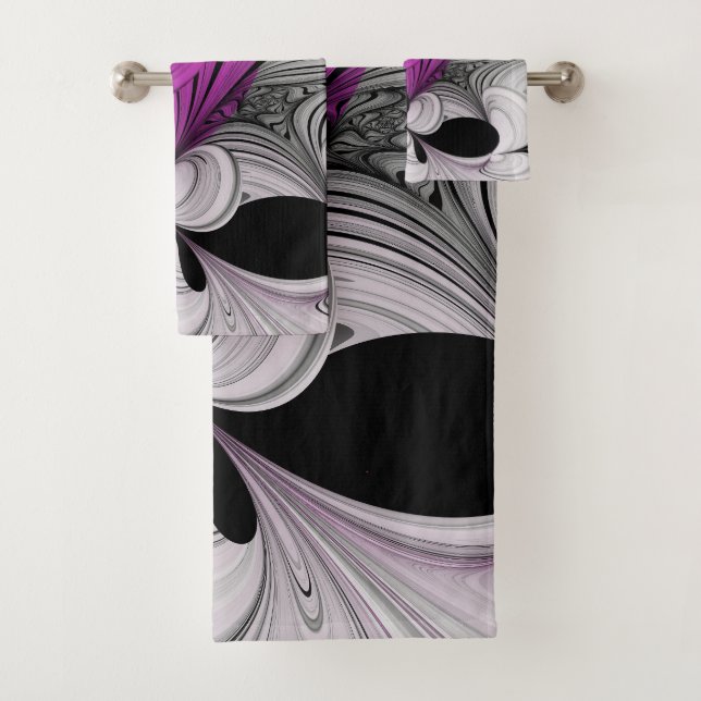 Abstract Black Gray With Magenta Fractal Art Bath Towel Set (Insitu)