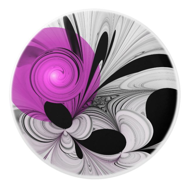 Abstract Black Gray With Magenta Fractal Art Ceramic Knob (Front)