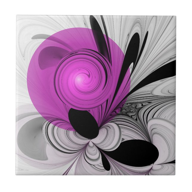 Abstract Black Gray With Magenta Fractal Art Ceramic Tile (Front)