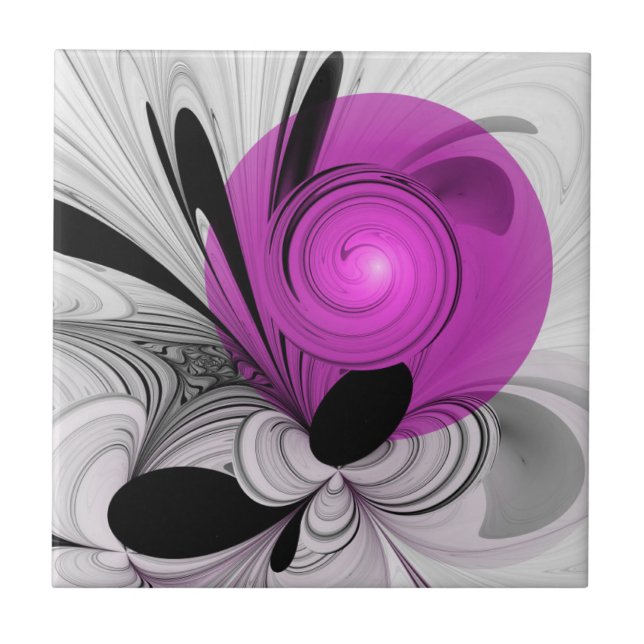 Abstract Black Gray With Magenta Fractal Art Ceramic Tile (Front)