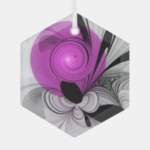 Abstract Black Gray With Magenta Fractal Art Glass Ornament