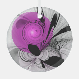 Abstract Black Gray With Magenta Fractal Art Glass Ornament