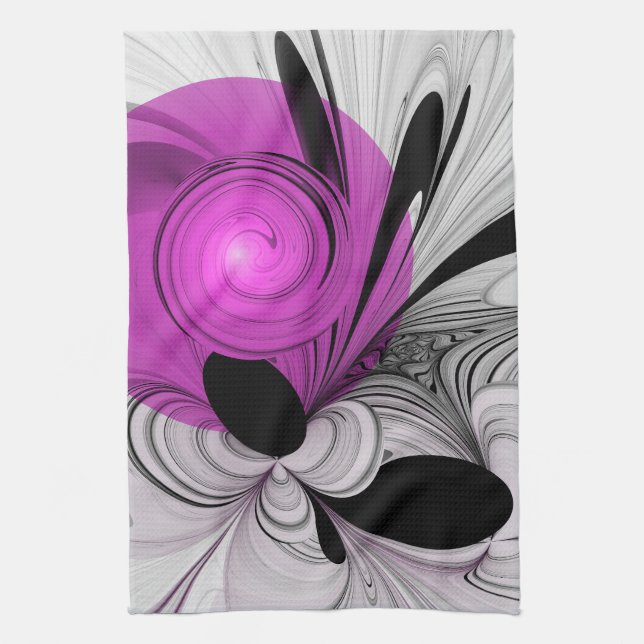 Abstract Black Gray With Magenta Fractal Art Kitchen Towel (Vertical)