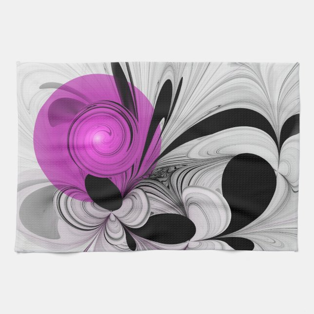 Abstract Black Gray With Magenta Fractal Art Kitchen Towel (Horizontal)