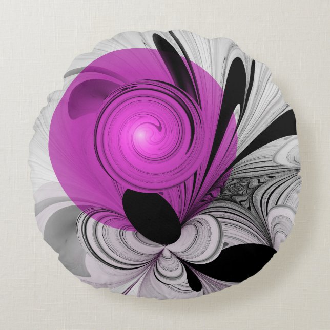 Abstract Black Gray With Magenta Fractal Art Round Pillow (Front)