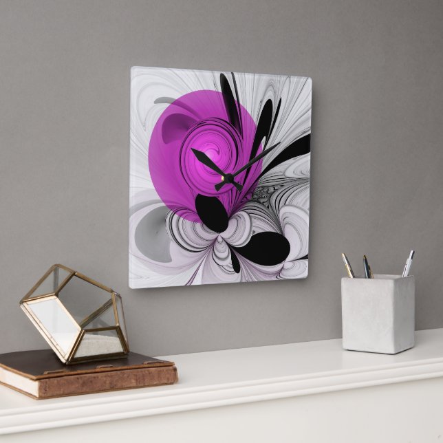 Abstract Black Gray With Magenta Fractal Art Square Wall Clock (Office)