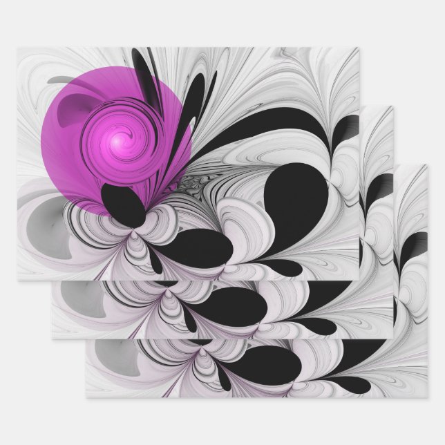 Abstract Black Gray With Magenta Fractal Art Wrapping Paper Sheets (Set)