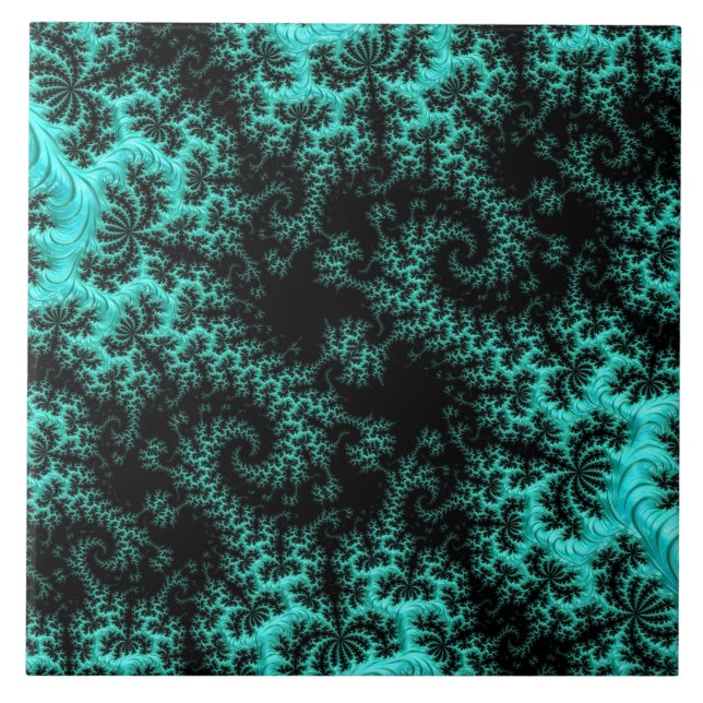 Abstract Black Green Fractal Art Ceramic Tile (Front)