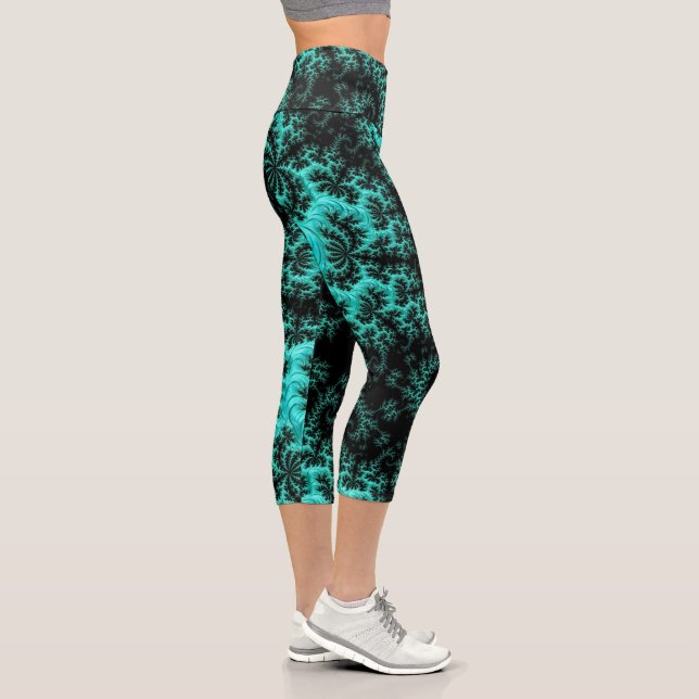 Abstract Black Green Fractal Pattern Capri Leggings (Right)