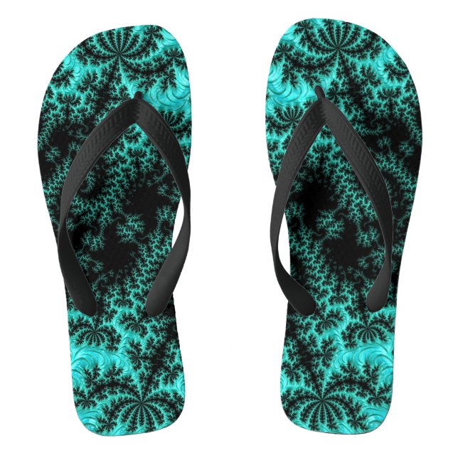 Abstract Black Green Fractal Pattern Flip Flops (Footbed)