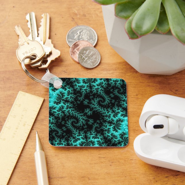Abstract Black Green Fractal Pattern Keychain (Desk)