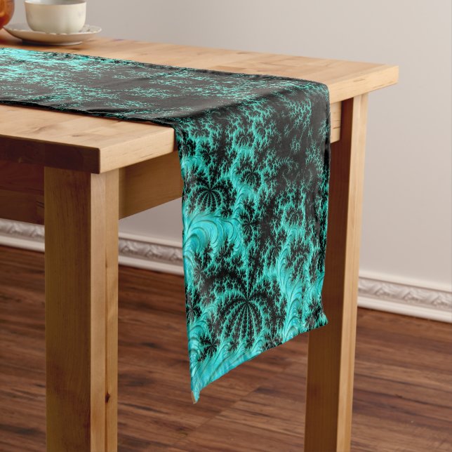 Abstract Black Green Fractal Pattern Short Table Runner (In Situ)