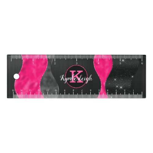 Abstract Black Hot Pink Waves Glam Monogram 6_Inch Ruler