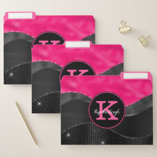 Abstract Black Hot Pink Waves Glam Monogram Name File Folder