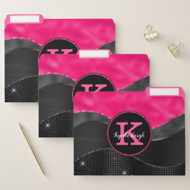 Abstract Black Hot Pink Waves Glam Monogram Name File Folder (Set)