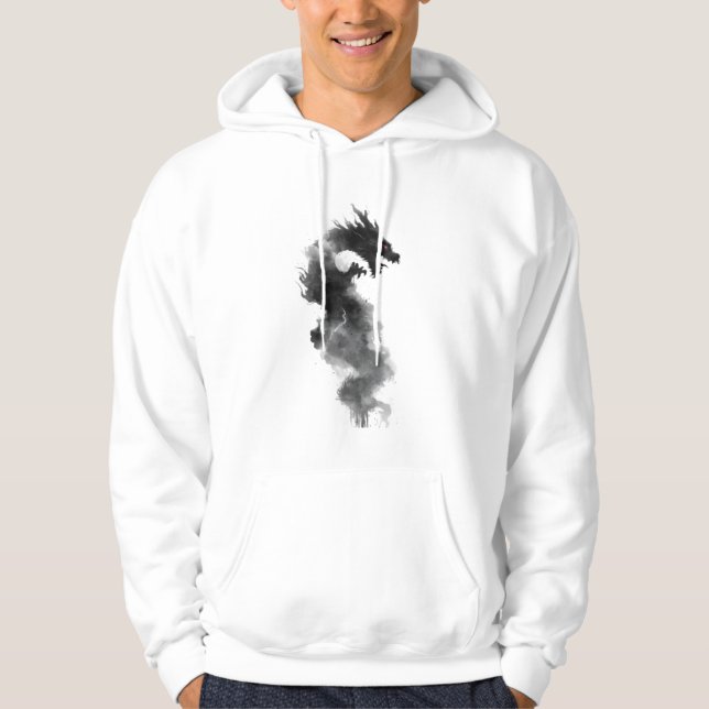Abstract Black Ink Smoke Dragon Fantasy Hoodie (Front)