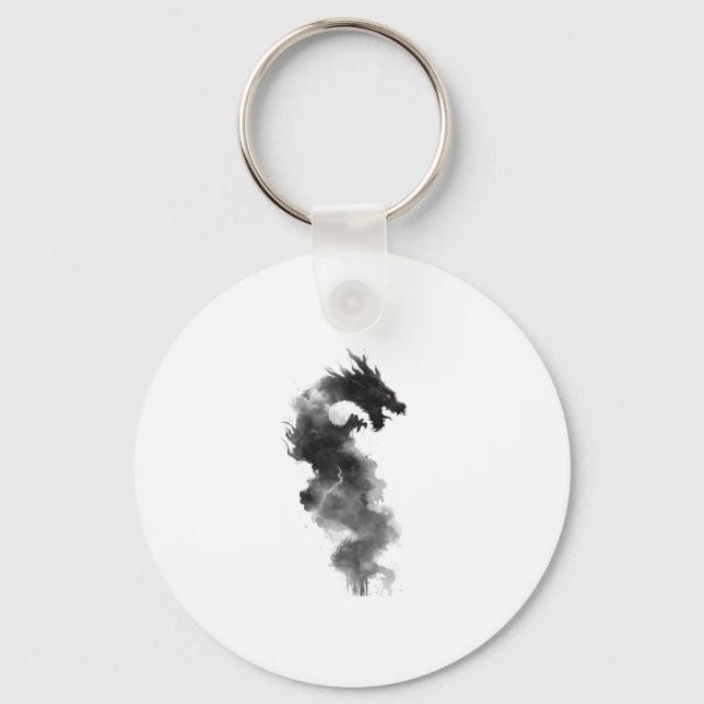 Abstract Black Ink Smoke Dragon Fantasy Keychain (Front)
