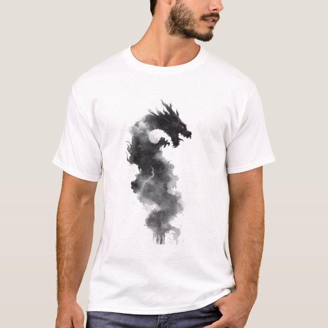 Abstract Black Ink Smoke Dragon Fantasy T-Shirt (Front)