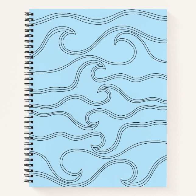 Abstract black line art waves sea blue background notebook (Front)