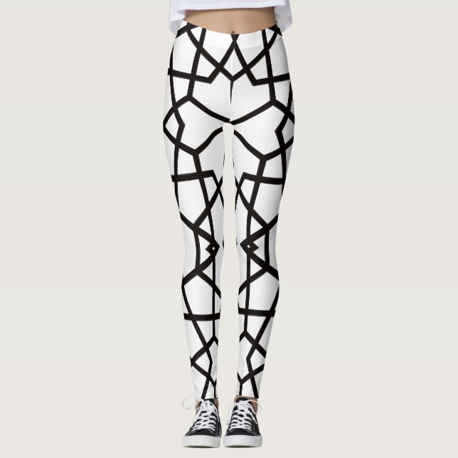 Abstract black lines pattern on pristine white leggings (Front)