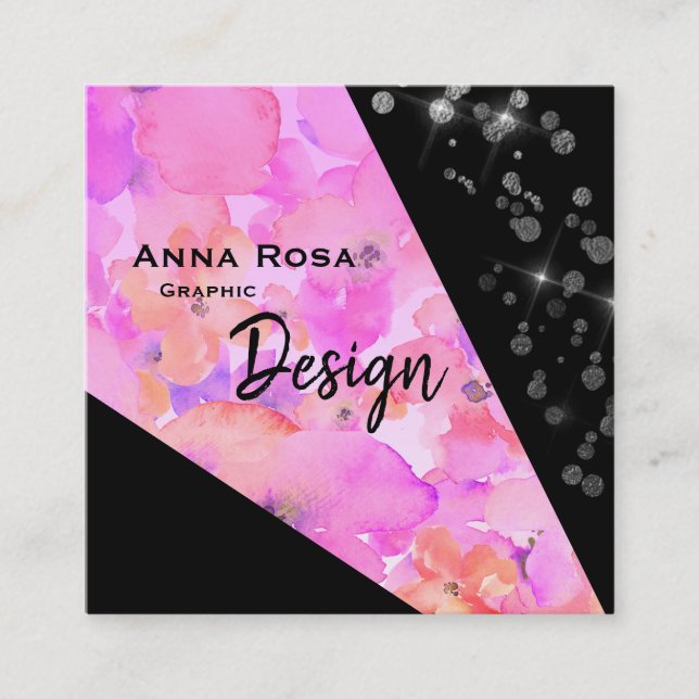 *~* Abstract Black Modern Geometric Floral Glitter Square Business Card (Front)