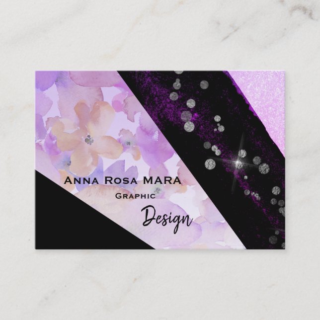 *~* Abstract Black Modern Glitter Geometric Floral Business Card (Front)